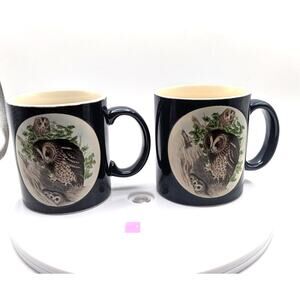 OTAGIRI Japan Owl Coffee Tea Mugs Pair Navy Stoneware Woodland Bird Cups READ